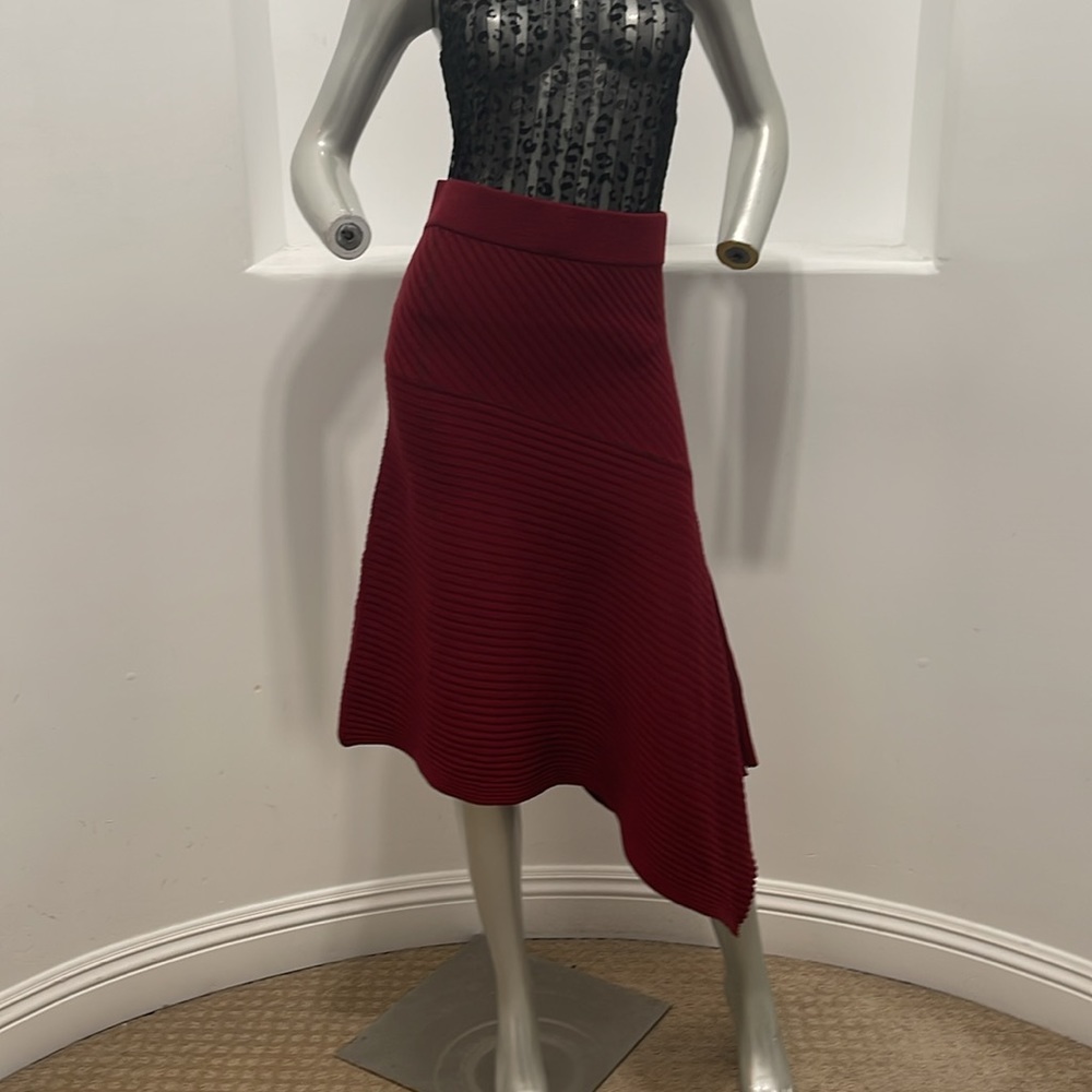 A..L.C. Asymmetrical Hem Knit Midi Skirt  in Red